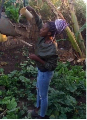 Eine Frau mit Braids und einem Tuch auf ihrem Dutt ist seitlich zu sehen und kümmert sich um eine große Pflanze vor ihr.