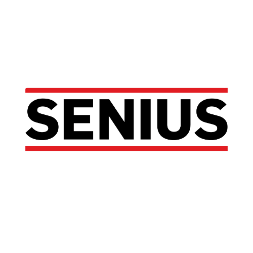 The word 'SENIUS' in bold black letters on a white background, with red lines above and below.
