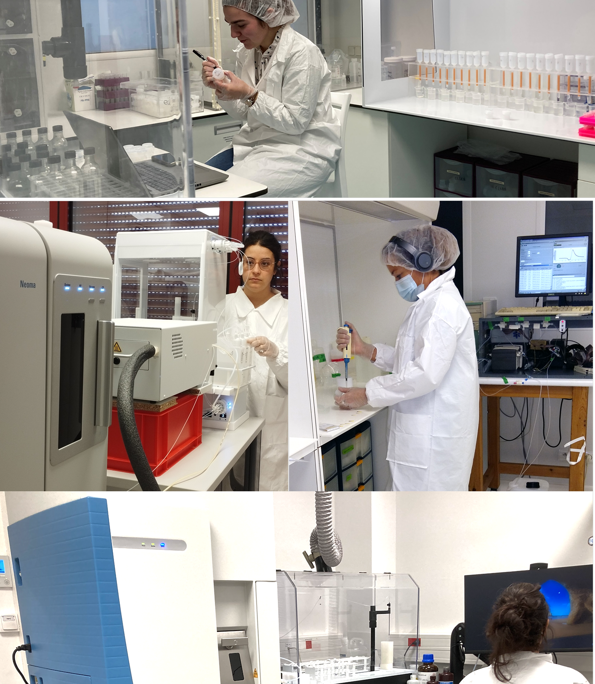 Scientists working in a laboratory with various equipment, including test tubes, machines, and computers.