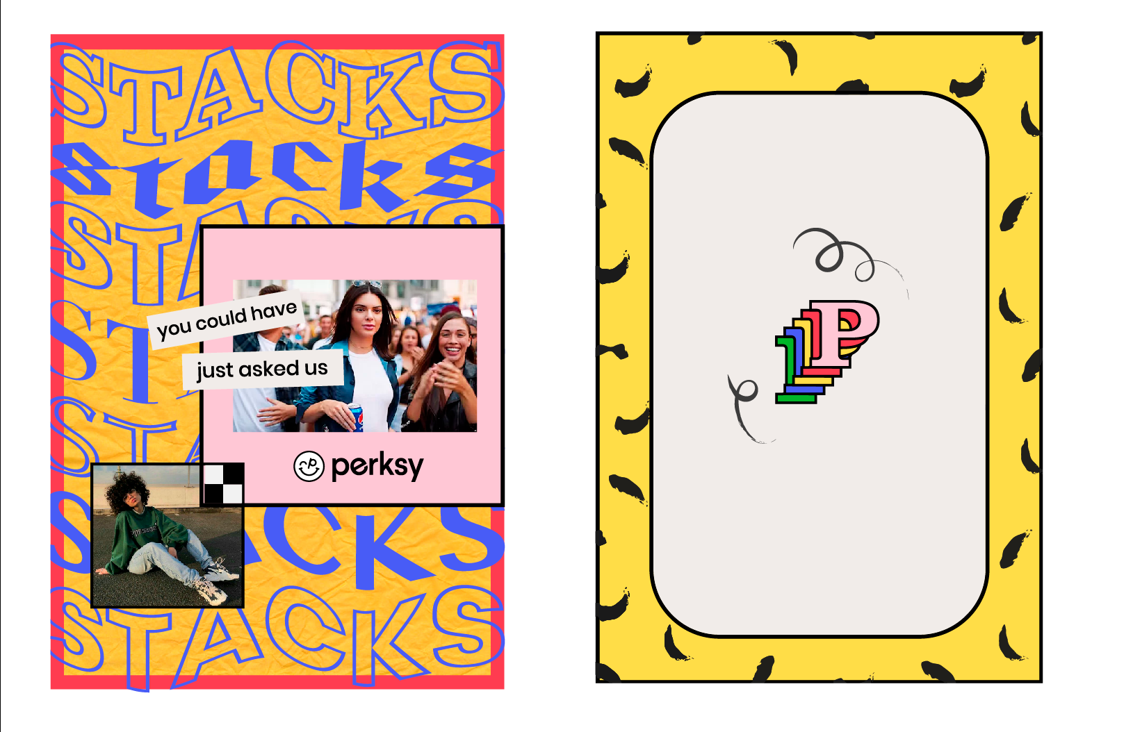 Colorful Instagram story template with the background pattern of blue and orange text reading 'STACKS' and orange crumpled paper texture. On the left, a pink rectangular box contains a photo of two young women smiling, with caption text overlay in bl