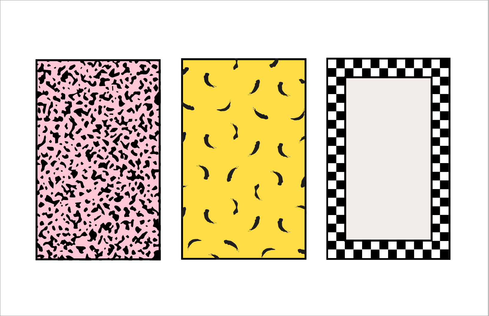 Three rectangular objects with vibrant, patterned designs placed side by side. The first has a pink and black abstract leopard print, the second is yellow with black curved lines, and the third features a black and white checkerboard border with a pl
