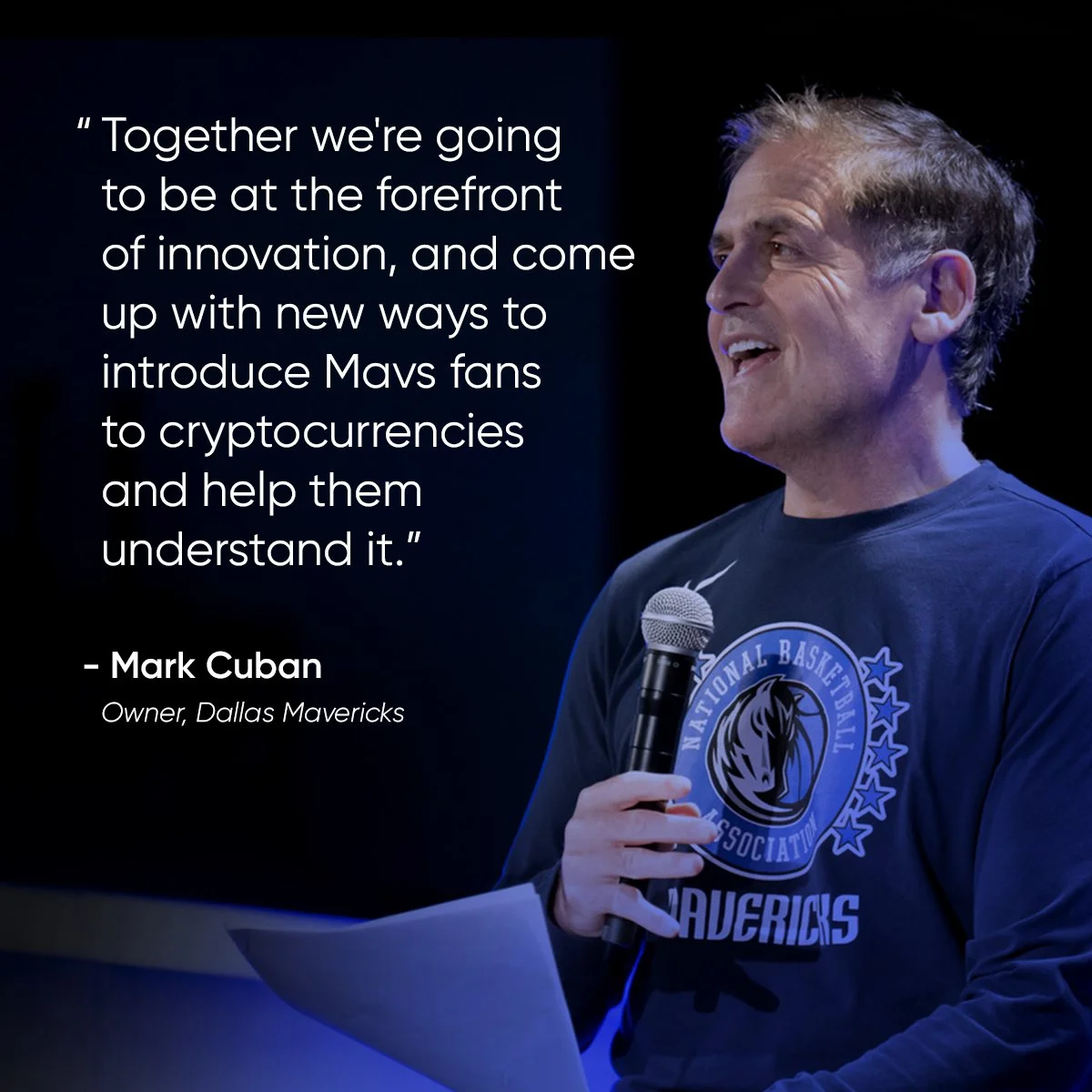 A man holding a microphone and speaking, wearing a Dallas Mavericks shirt, with a quote about innovation and cryptocurrencies on a dark background.