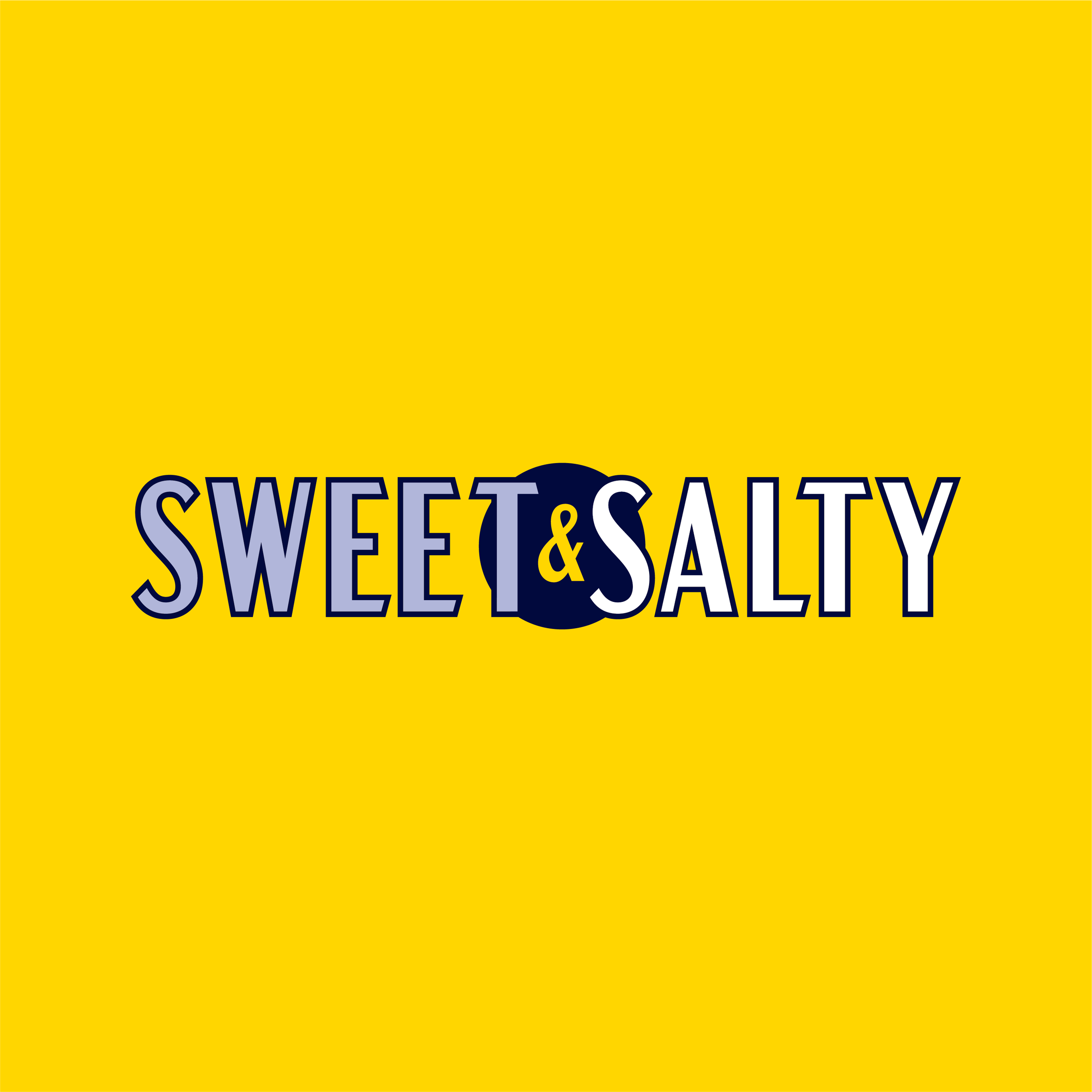 Logo with yellow background, the words 'Sweet & Salty' in bold blue and white lettering.
