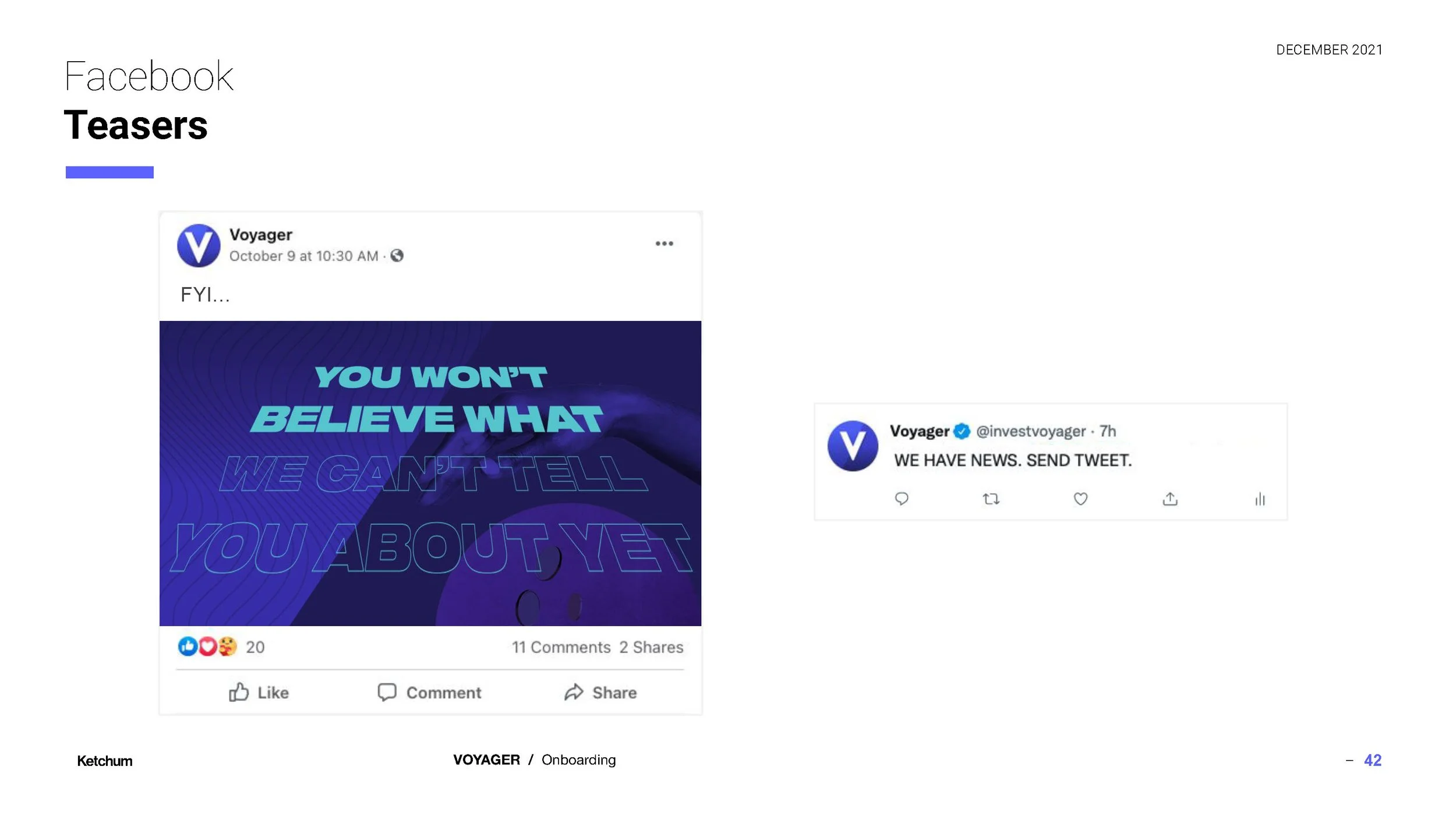 Facebook teaser post from Voyager with a blue and purple graphic and the text 'You won't believe what we can't tell you about yet' and a tweet from Voyager requesting to send news.
