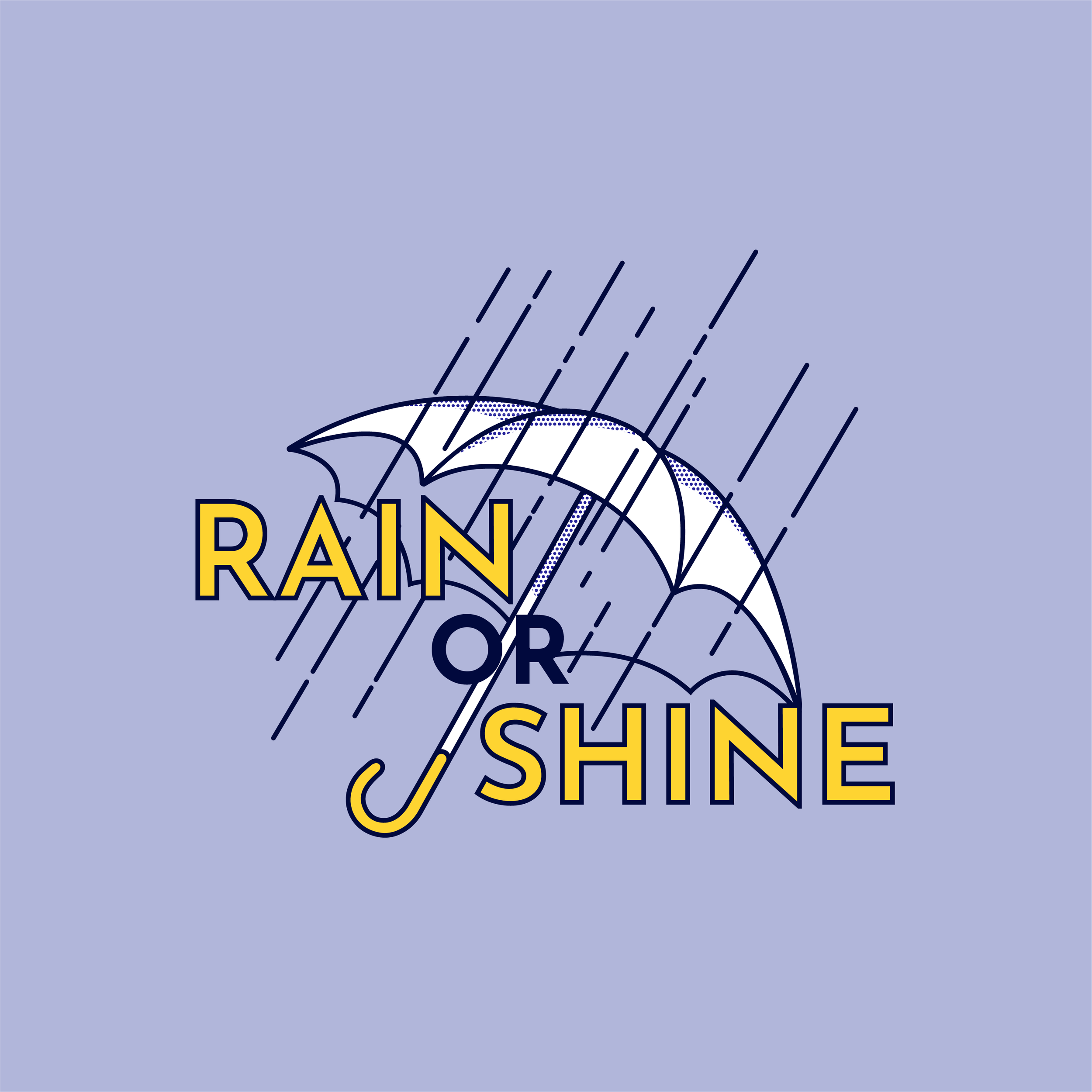 An illustration of a white umbrella with rain falling around it, overlaid with the text 'Rain or Shine' in yellow and black, set against a light purple background.