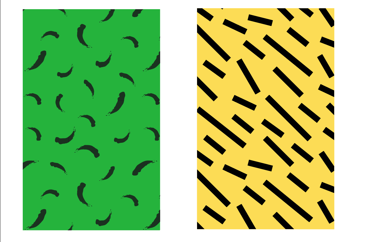 Two colorful patterned rectangles side by side. The left rectangle has a green background with black curved shapes scattered across it. The right rectangle has a yellow background with black diagonal lines and dashes randomly arranged.