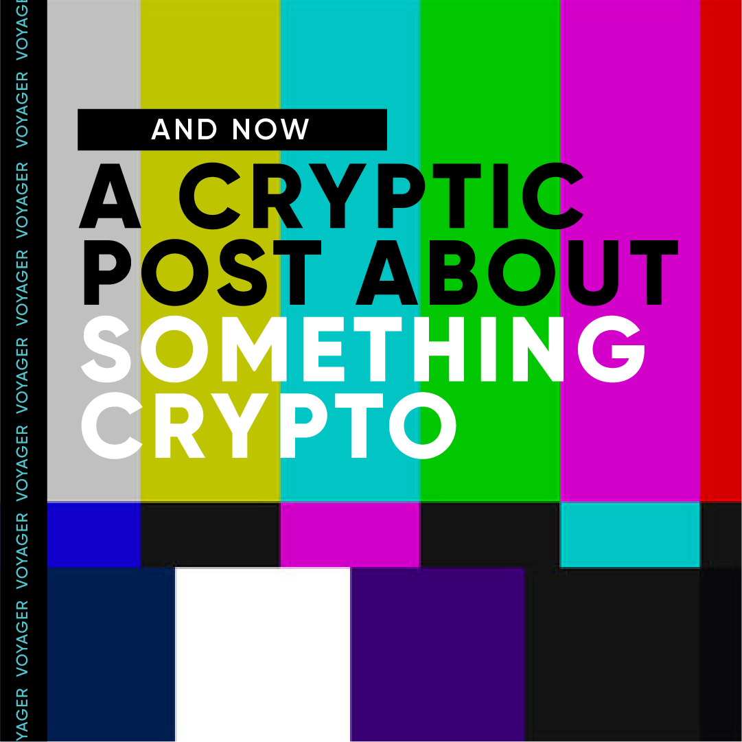 Colorful television test pattern with vertical color bars and overlay text about cryptocurrency.