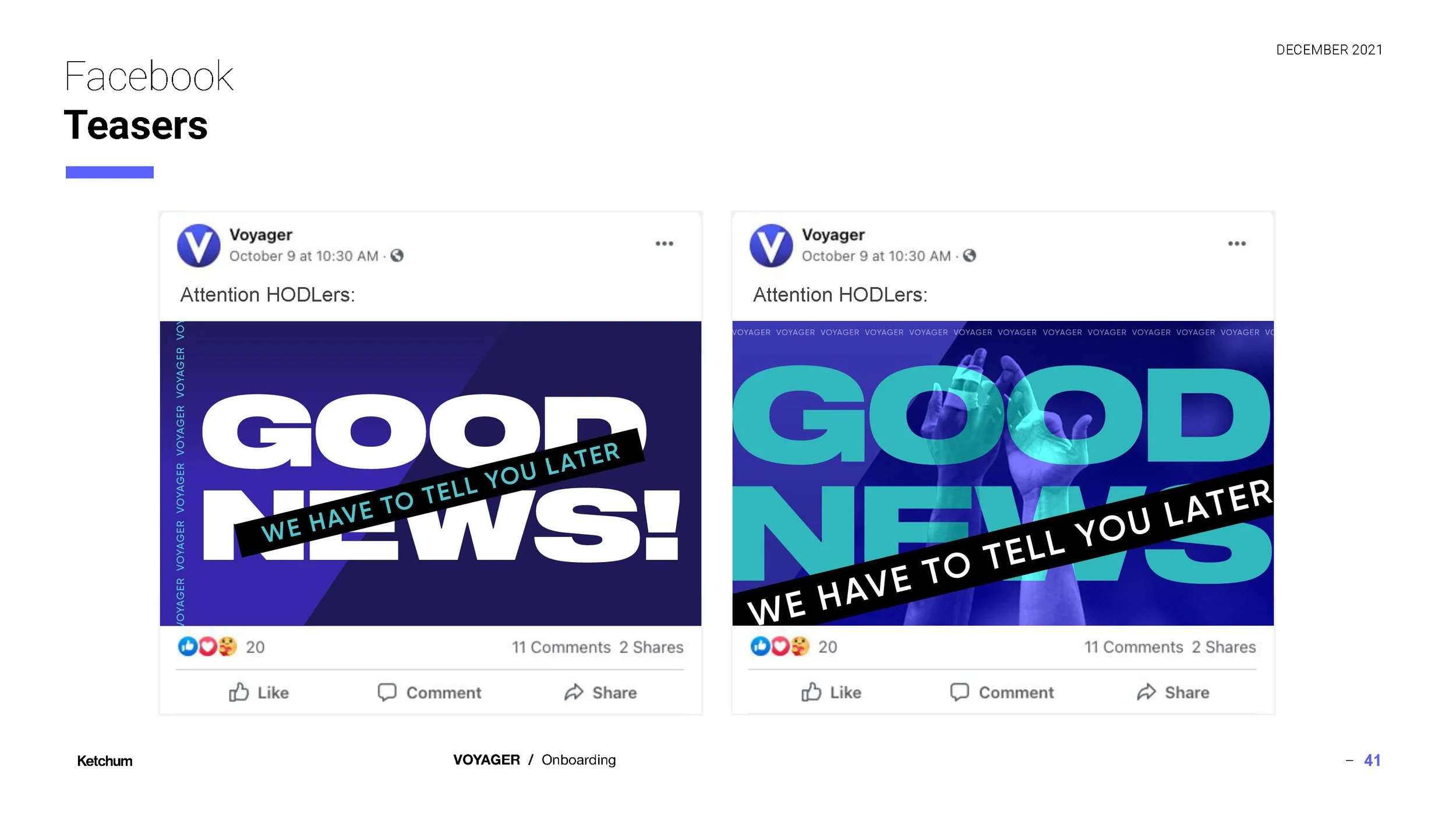 Comparison of two social media teaser posts for VOYAGER. The left post has a dark blue background with large white text saying 'GOOD NEWS!' and a black banner across it that says 'WE HAVE TO TELL YOU LATER.' The right post has a similar layout with a