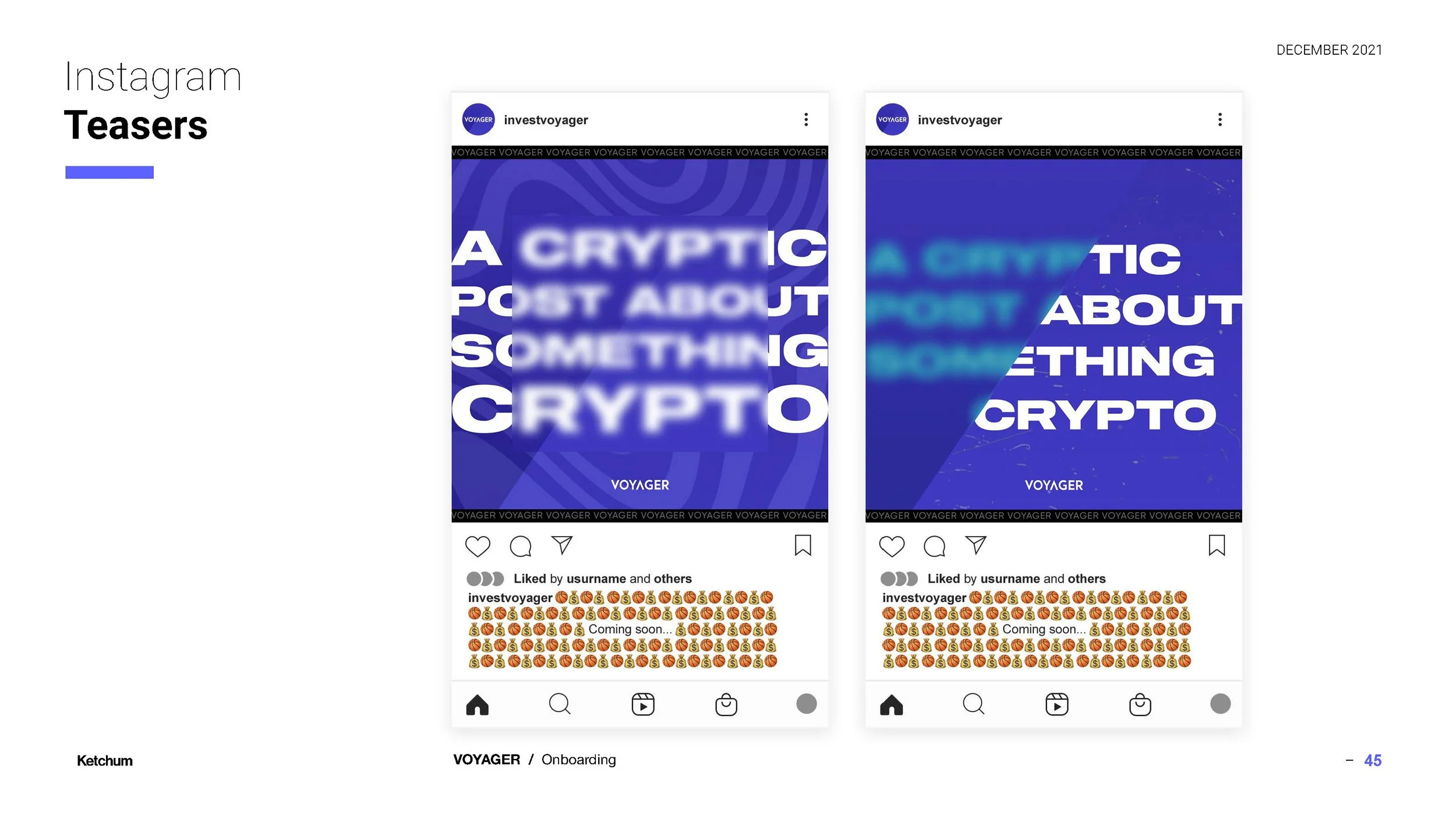 Two Instagram teaser images with a blue background and bold white text that says "A CRYPTIC POST ABOUT SOMETHING CRYPTO". The images have the word "VOYAGER" at the bottom and are partially obscured or blurred. The posts are liked by users with variou