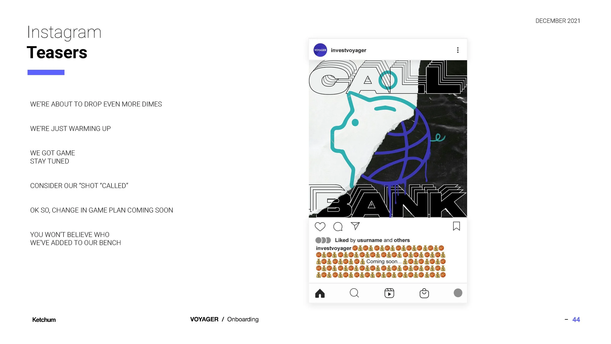 Instagram teaser post from investvoyager announcing upcoming changes, with a graphic that includes a stylized lion's head and the words "CALL THE BANK."