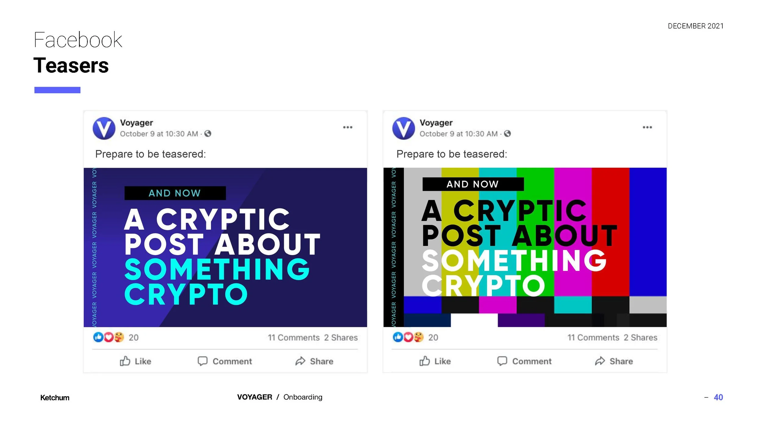 Comparison of two Facebook teaser posts about a cryptic post. The left post has a dark blue background with white, blue, and black text, while the right post has a multicolored, distorted television screen effect with black, white, yellow, green, pur