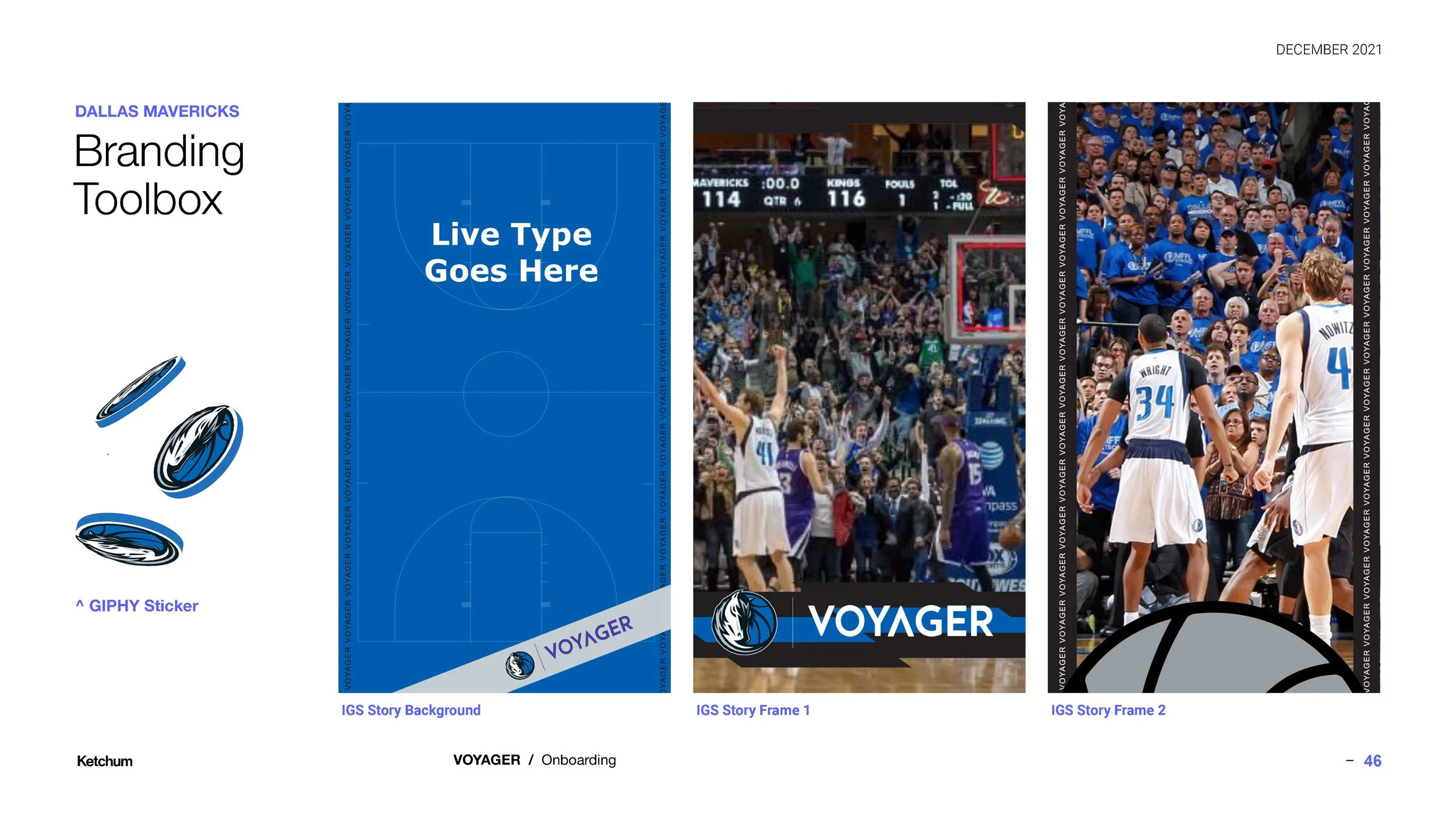 A presentation slide for the Dallas Mavericks branding toolbox features a GIPHY sticker of a hockey puck, a basketball court background placeholder with space for live type text, a photo of a basketball game with players and audience, the Dallas Mave
