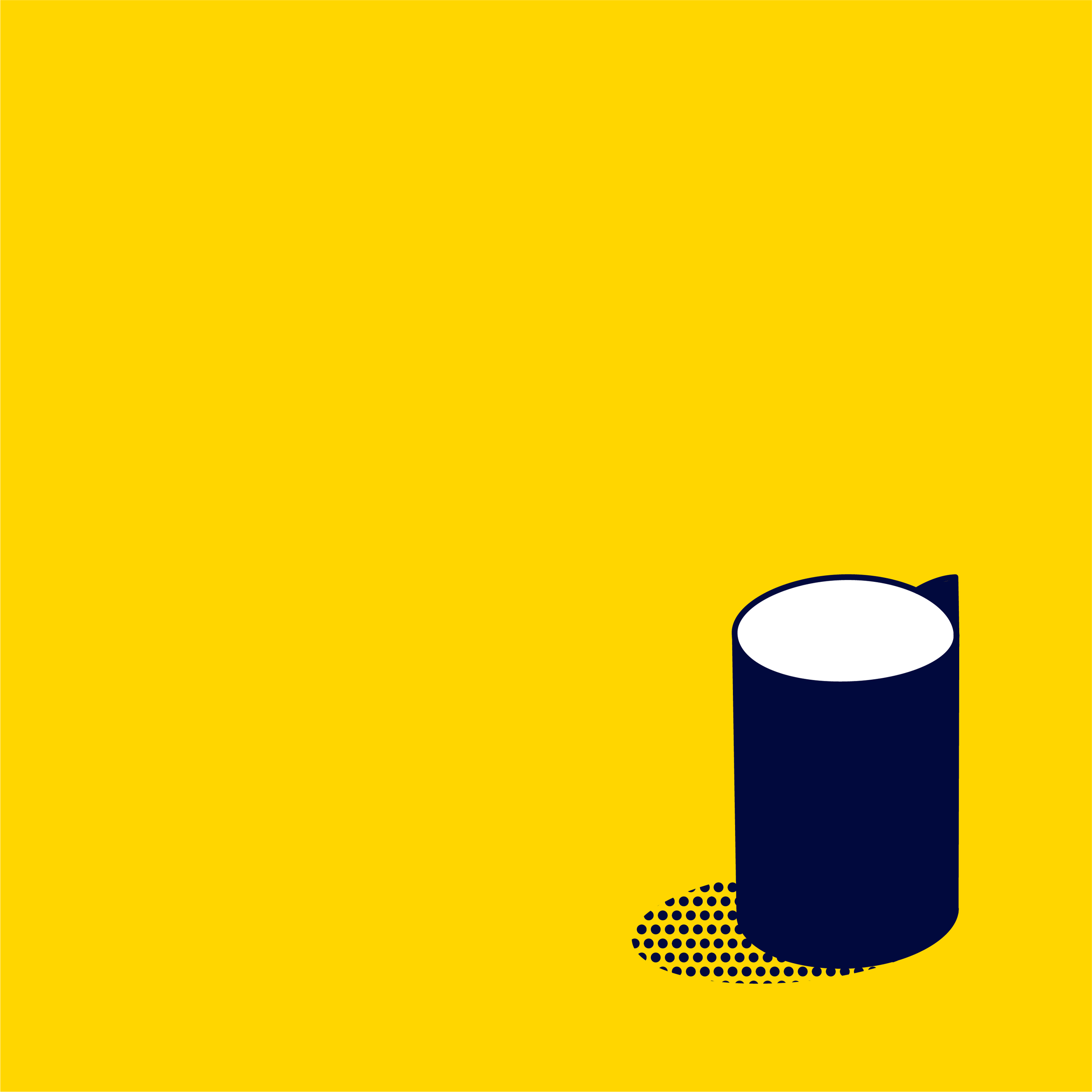 Yellow background with a dark blue and white cylindrical object casting a dotted shadow.