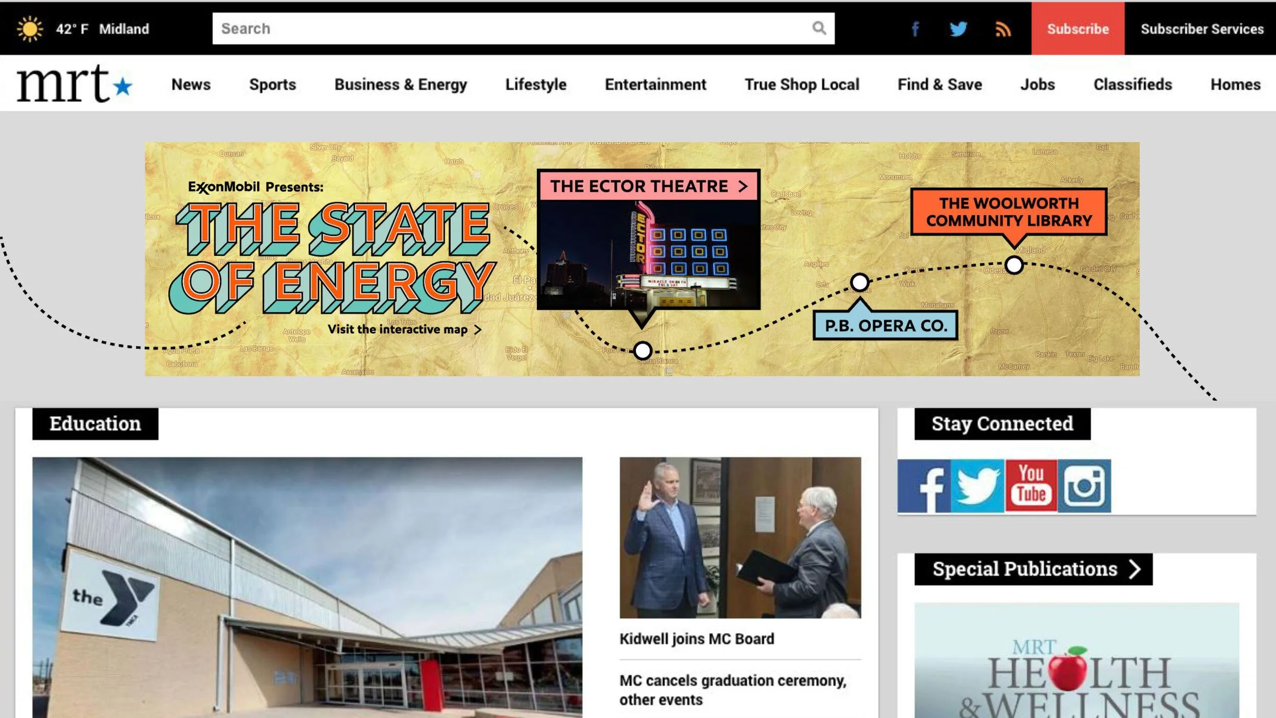 Screenshot of the MRT news website featuring an interactive map titled 'The State of Energy' with theater and library icons, and sections for education, stay connected, and health and wellness publications.