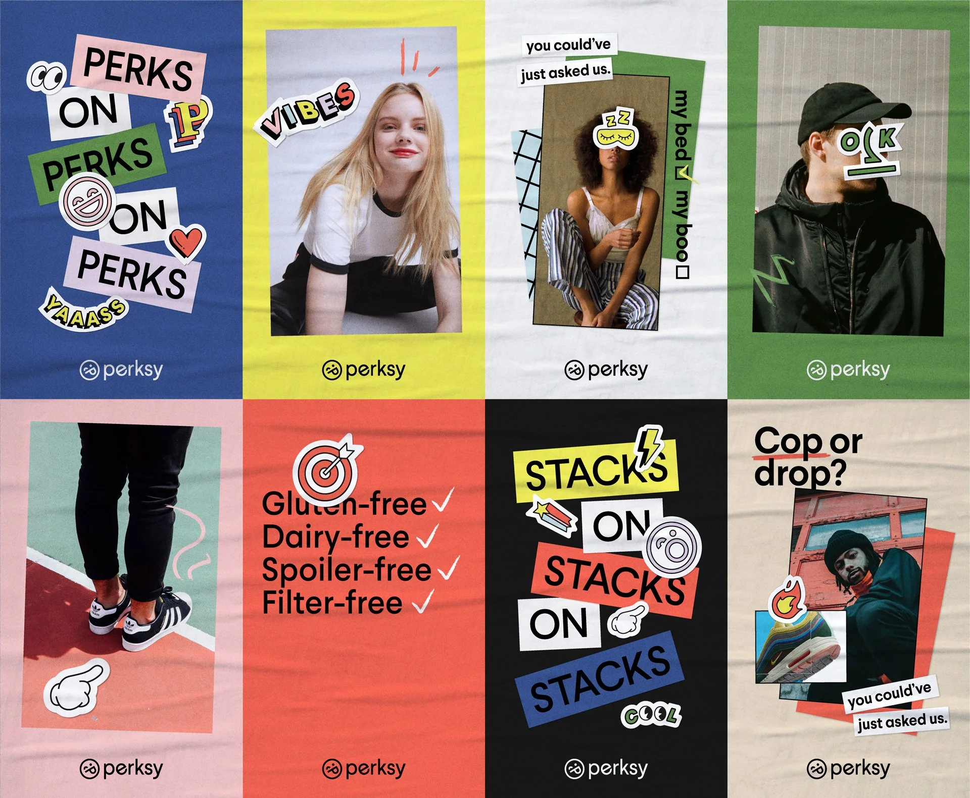 A collage of eight colorful posters with photos and illustrations, featuring young people, text, and stickers about various themes like perks, vibes, snacks, and fashion.