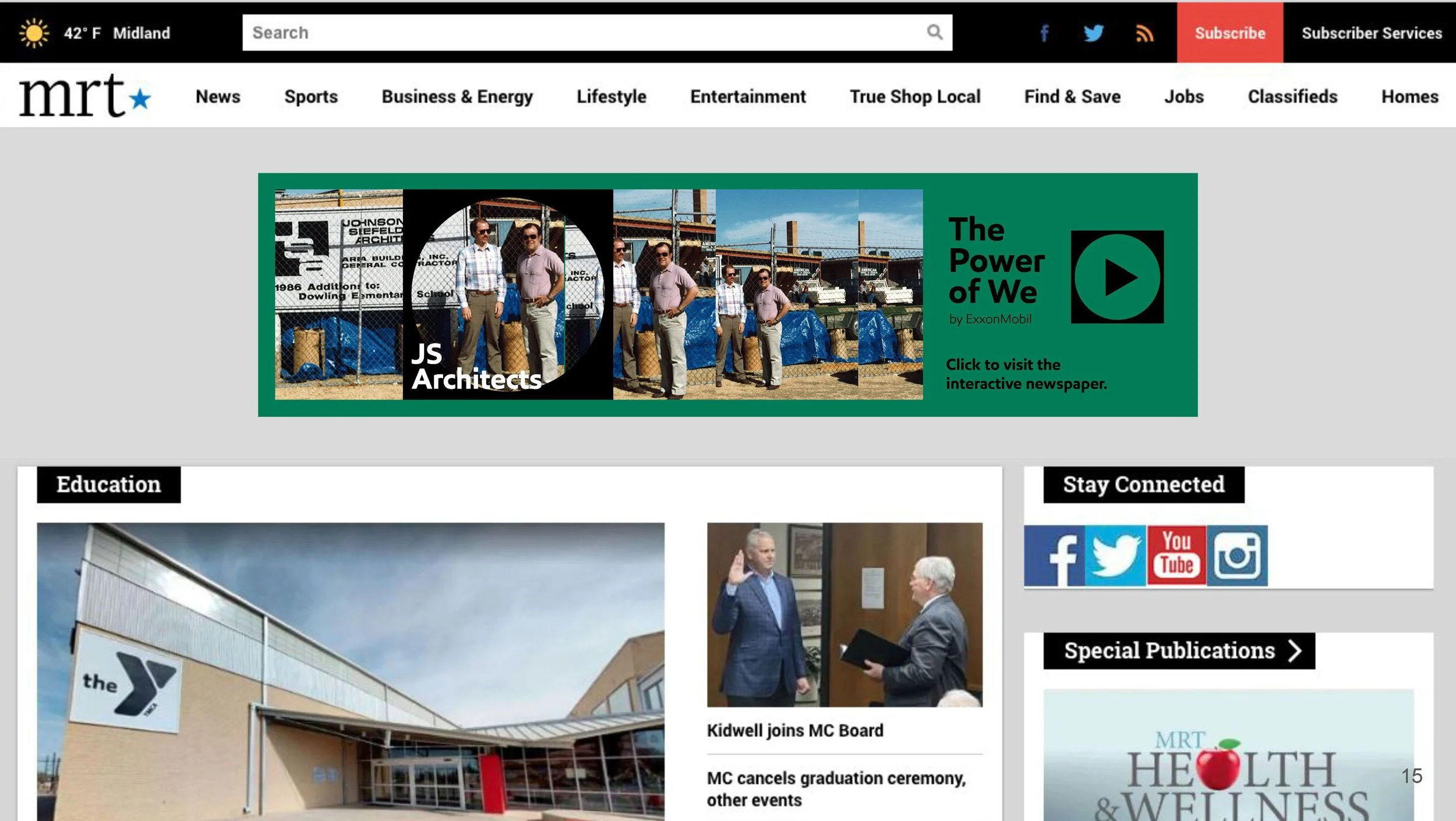 Screenshot of a news website homepage featuring a banner with five men standing outdoors in front of a construction site, a section about education with an image of a YMCA building, and social media icons.