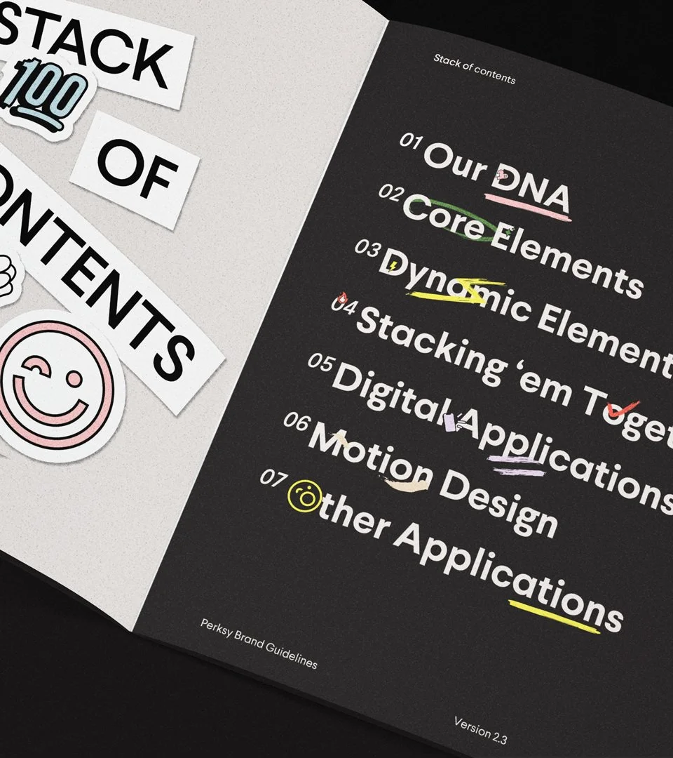 A black and white document titled 'Stack of Contents' with a numbered list of topics, including 'Our DNA', 'Core Elements', 'Dynamic Elements', 'Stacking 'em Togeth', 'Digital Applications', 'Motion Design', and 'other Applications'. The black page h