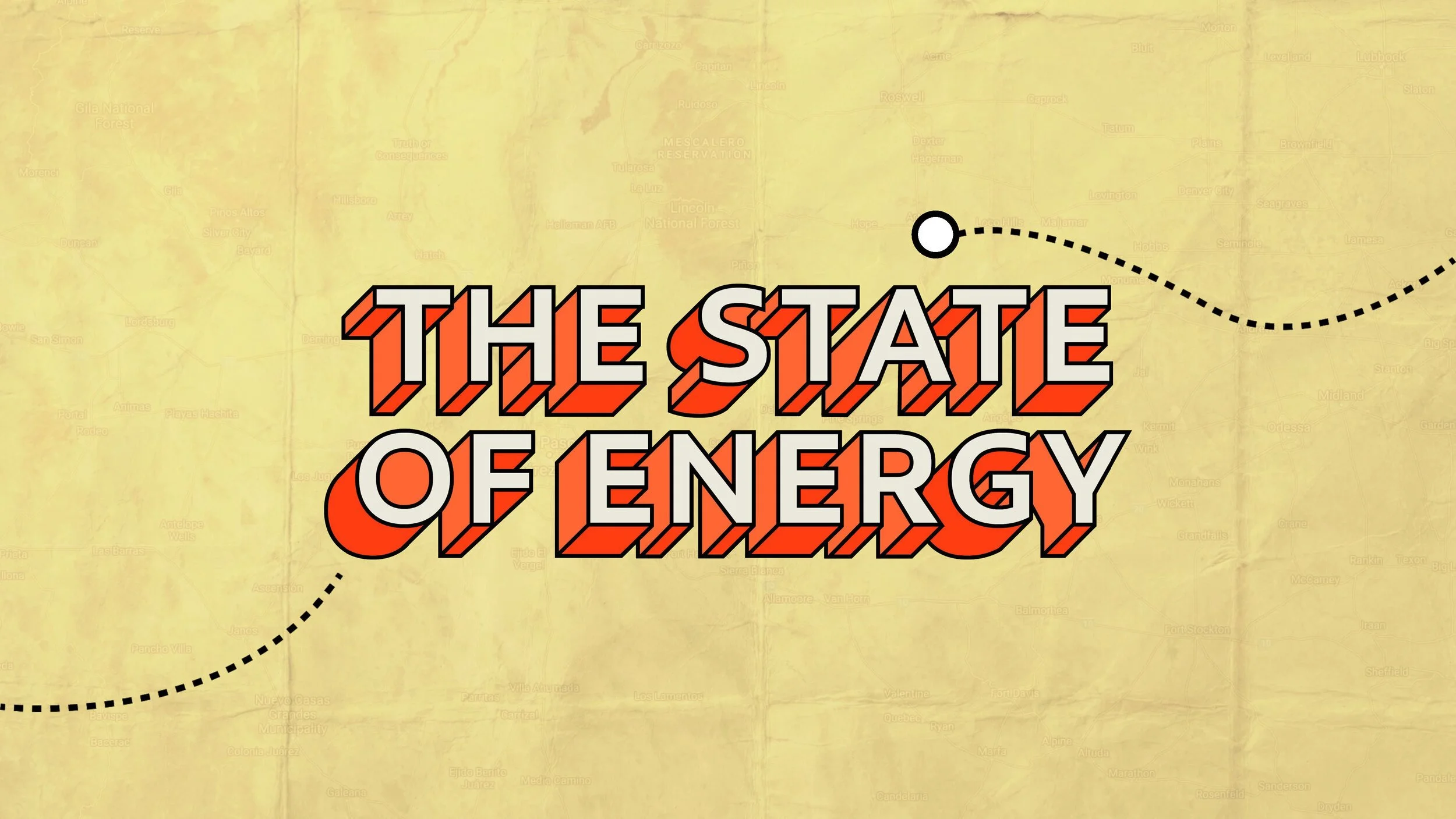 Text graphic reading 'The State of Energy' in bold, stylized font with a yellow background and decorative dotted lines.