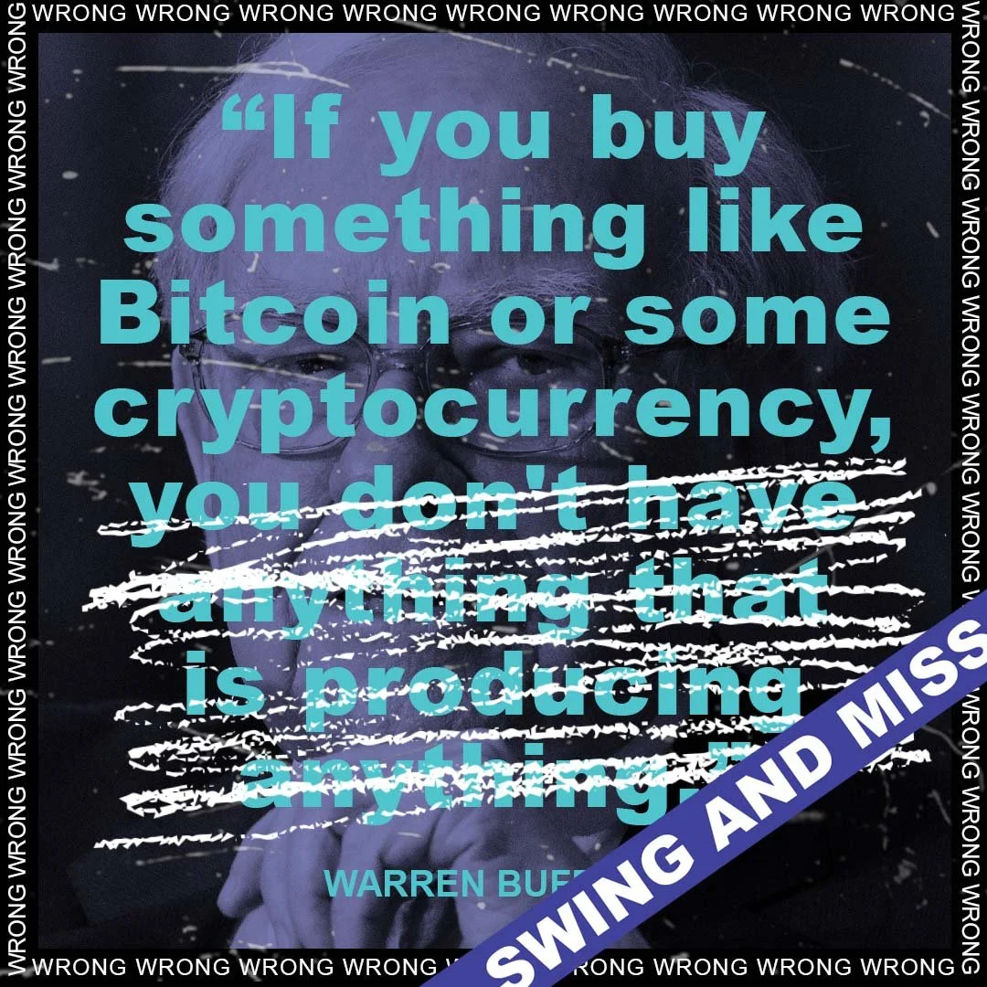 A quote by Warren Buffett about investing, overlaid on a dark background with a person wearing glasses faintly visible, and the words