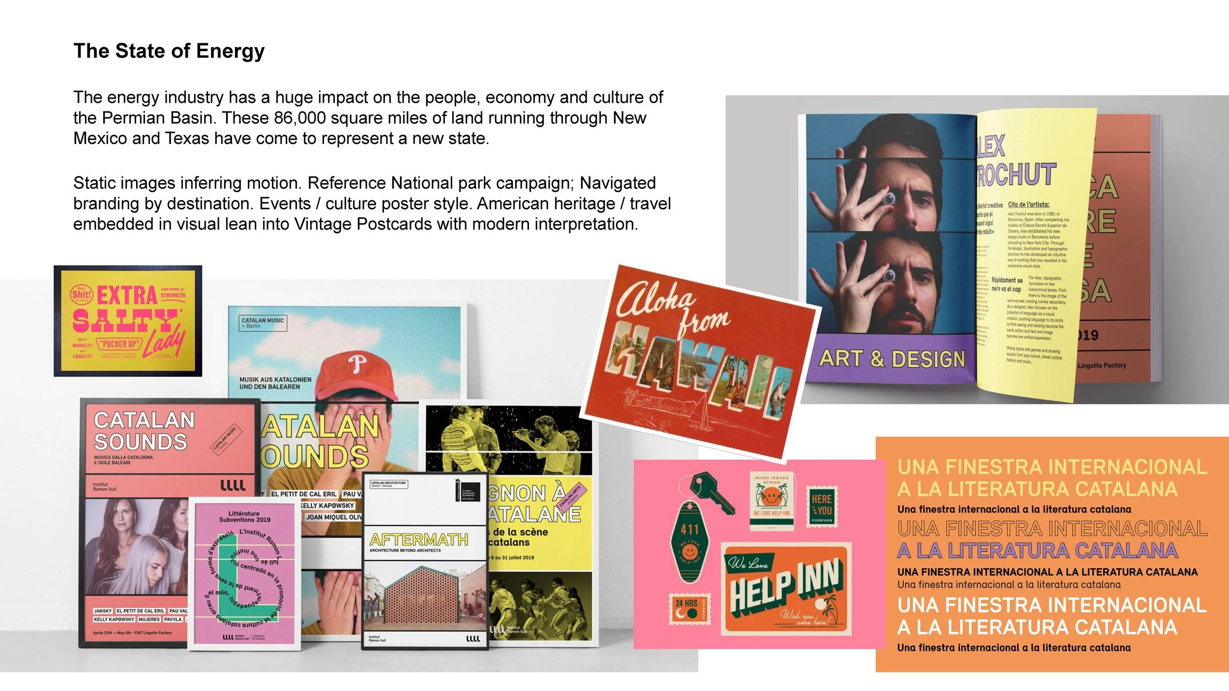 A collection of vintage-style posters, postcards, and flyers advertising Catalan culture, music, art, and literature, with a man making a playful face in a booklet on the right side.