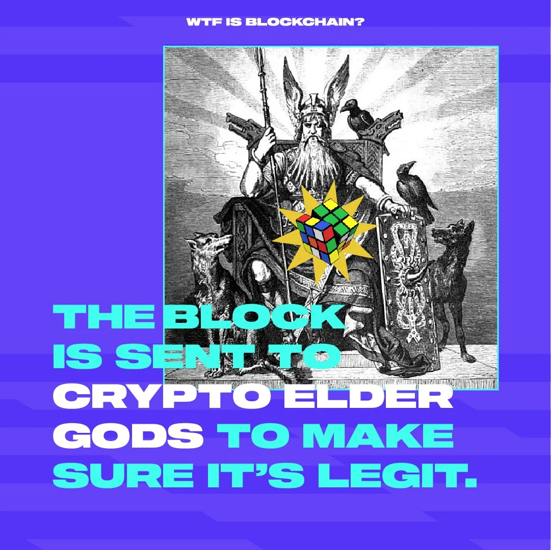 A digital graphic featuring a black and white illustration of a Norse god with a crown, holding a shield and a gun, surrounded by birds and animals, with a colorful Rubik's Cube graphic in the center. The text reads, 'WTF IS BLOCKCHAIN? THE BLOCK IS