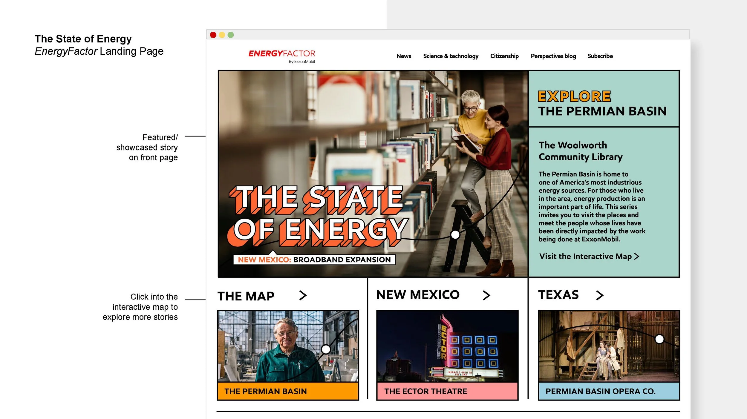 A webpage titled "The State of Energy" from ExxonMobil features a story on the Permian Basin, with a photo of two women in a library, and sections for explore stories about the Permian Basin, the map of energy stories, and images representing differe