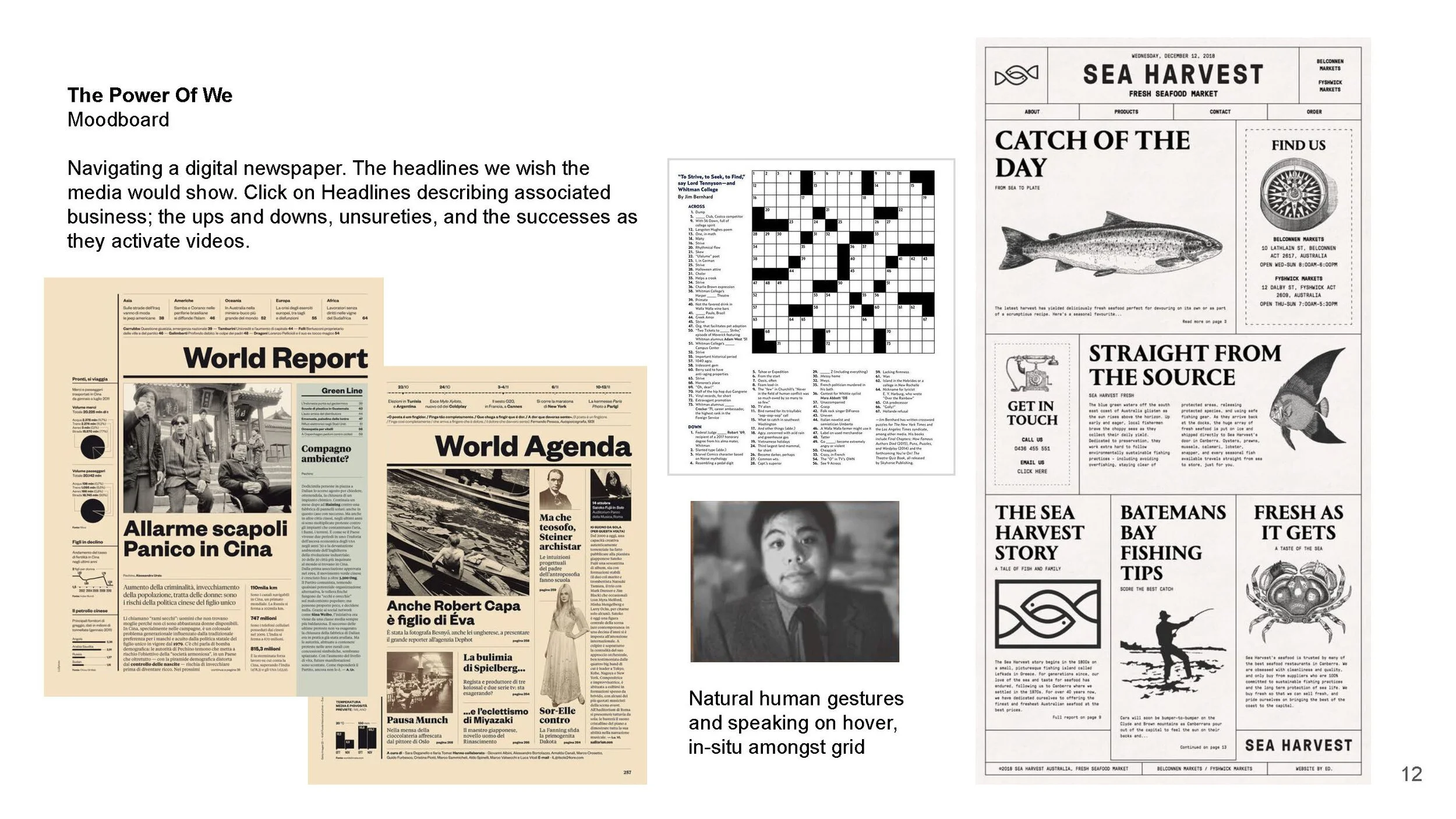 Digital newspaper layout showing various headlines, images, and puzzles, including world news, a crossword puzzle, and a seafood market advertisement with a fish illustration.