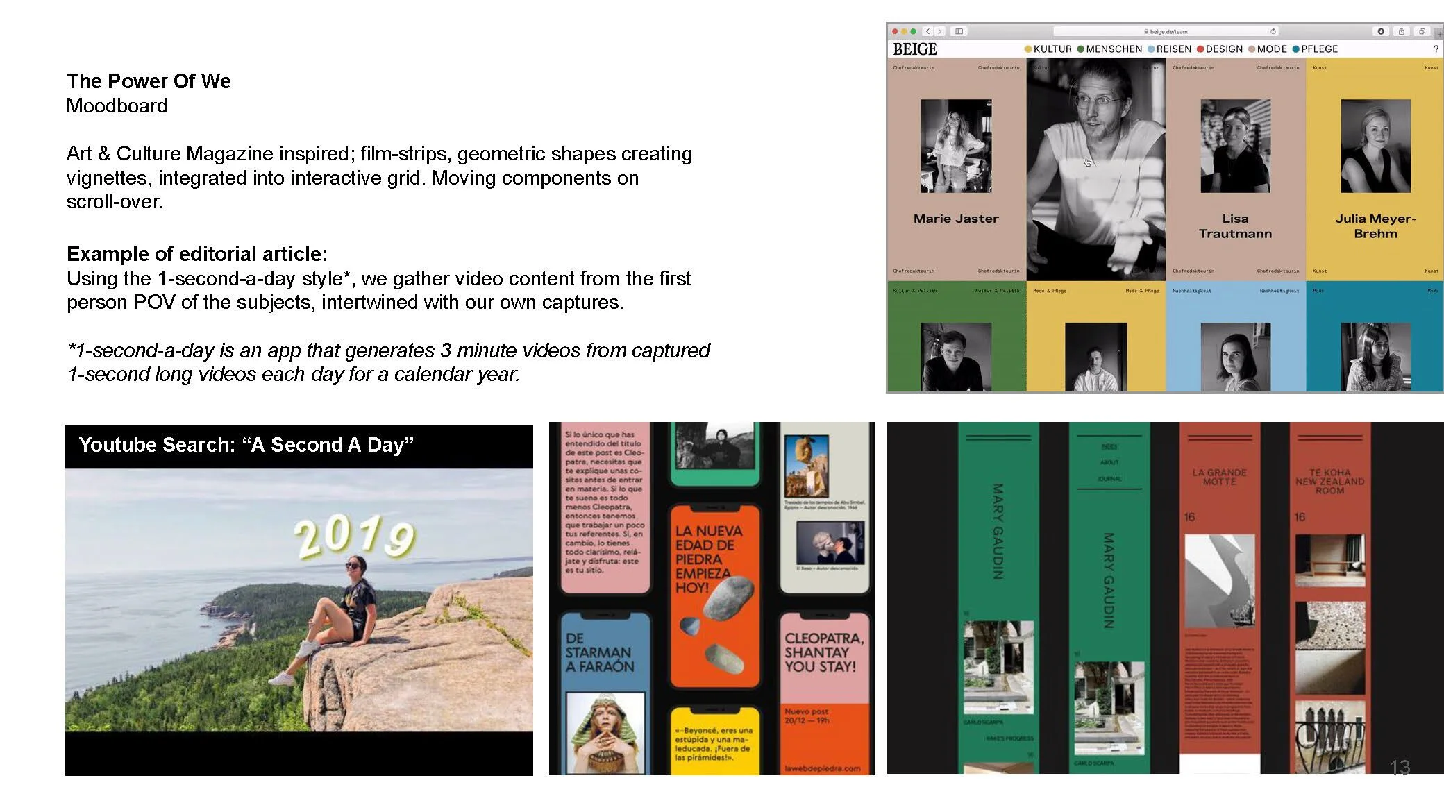 A presentation slide with text and multiple collaged images, including a moodboard of portraits and colorful grid layouts, demonstrating a creative design concept inspired by art, culture, and interactive grid components.