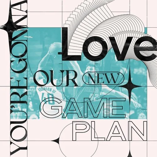 Graphic design featuring the words "Our Love, New Game Plan" over an abstract background with geometric and spiral patterns, and a faint swimming athlete in the background.