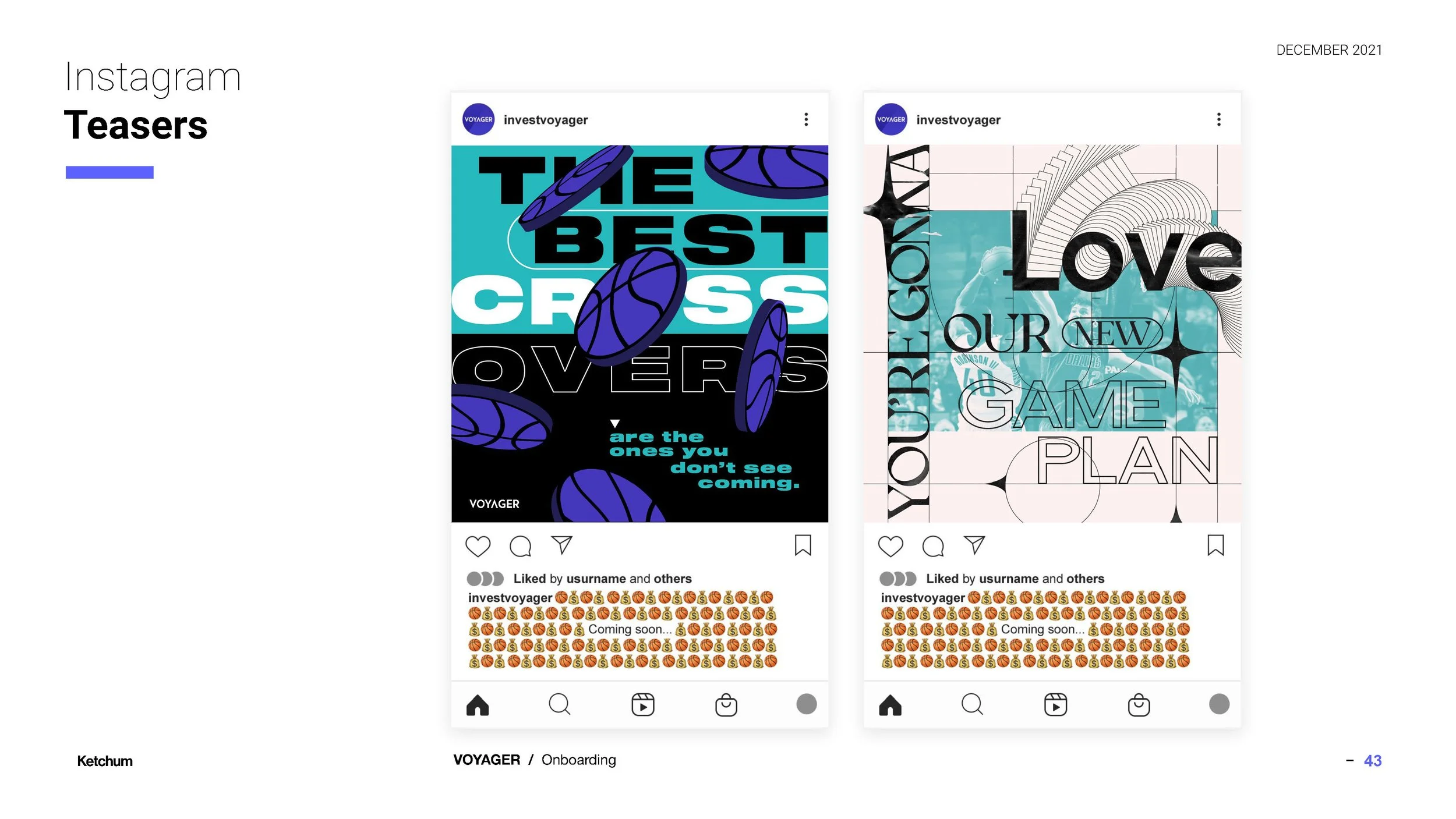 Two Instagram teaser images from VOYAGER on a white background, featuring bold, graphic text and illustrations. The left image has a blue background with black, white, and blue text and football graphics, stating, 'THE BEST CROSS OVER are the ones yo
