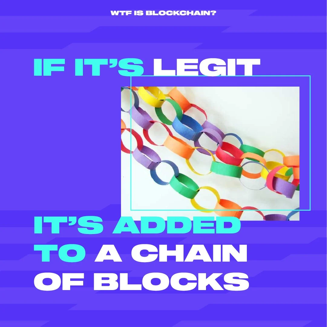 Colorful paper chain decoration on white background, overlaid with text about blockchain.