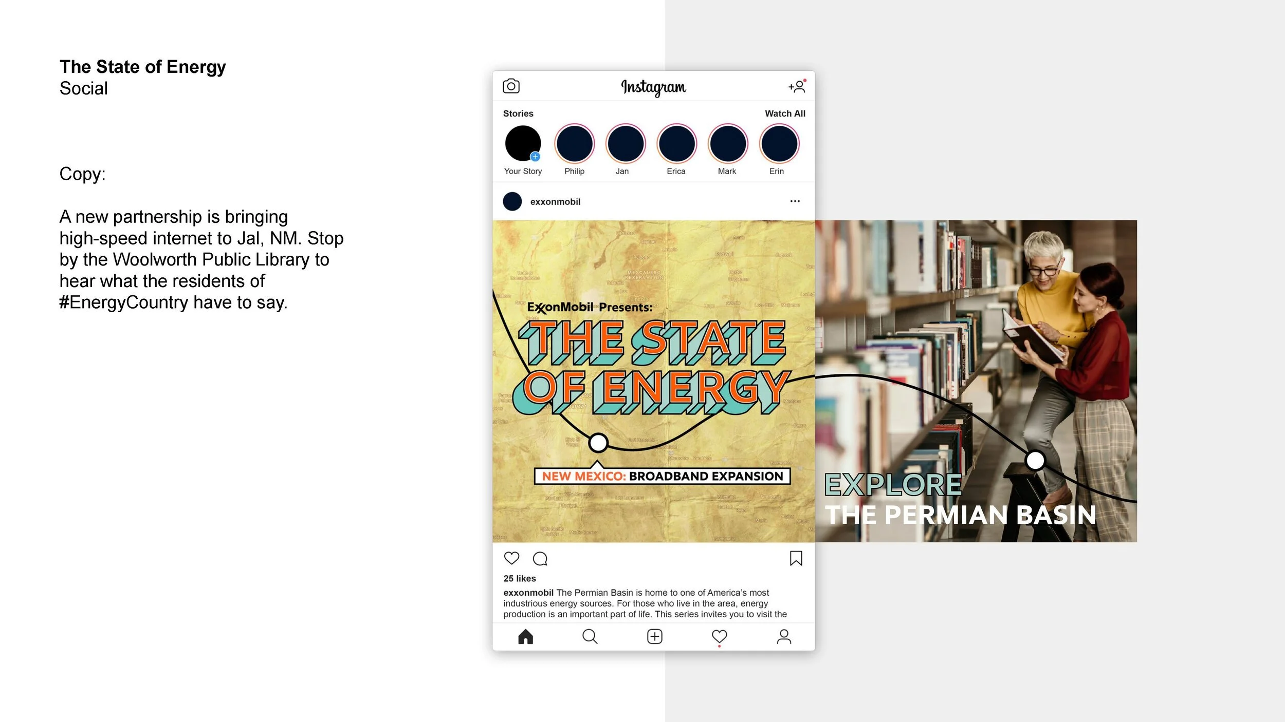 An Instagram post overlaying a map of New Mexico with the title "The State of Energy". The post promotes broadband expansion in New Mexico, featuring the Permian Basin, with a background of two women reading in a library.
