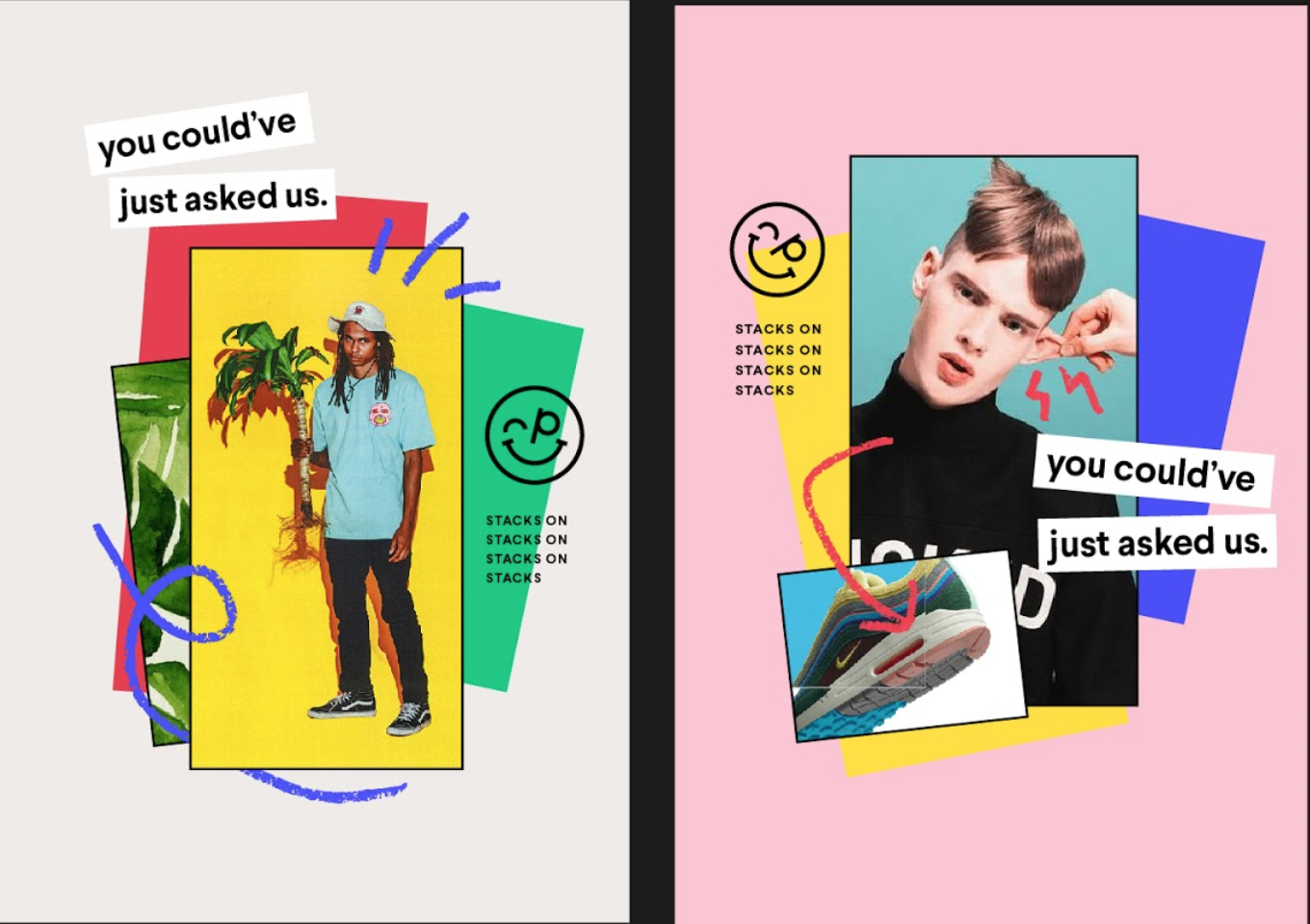 Split colorful collage featuring young man with long hair in casual clothing on the left and young man with short hair in a black turtleneck on the right, with playful text, doodles, and sneakers.