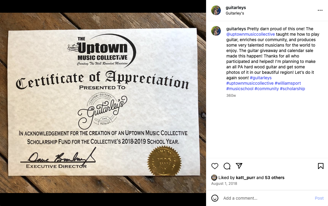 Certificate of Appreciation from Uptown Music Collective awarded to Guitarley's for the 2018-2019 school year, featuring gold seal and signature on textured paper.