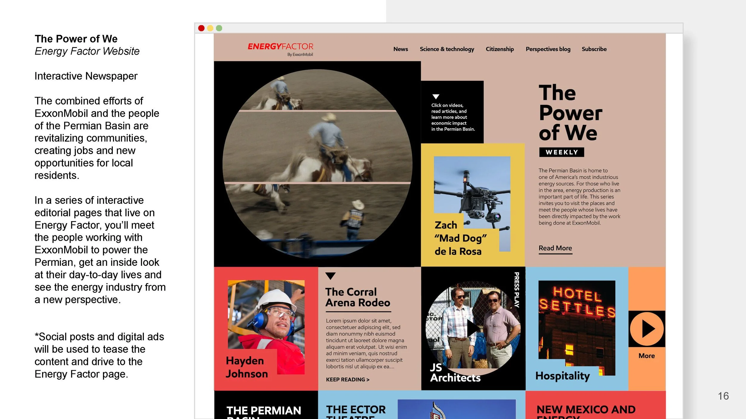 Interactive webpage layout featuring Energy Factor branding and articles about energy and community projects in the Permian Basin, with images of a rodeo, a drone, and a hotel neon sign.
