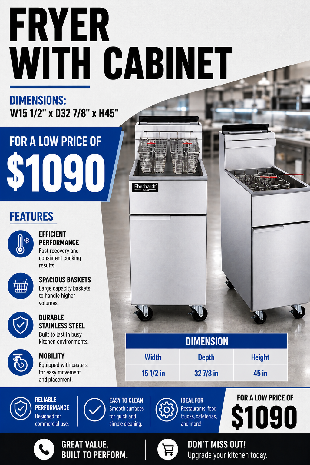 Advertisement for fryer with cabinet, featuring images of two stainless steel fryers on wheels, and text detailing dimensions, features, and price.