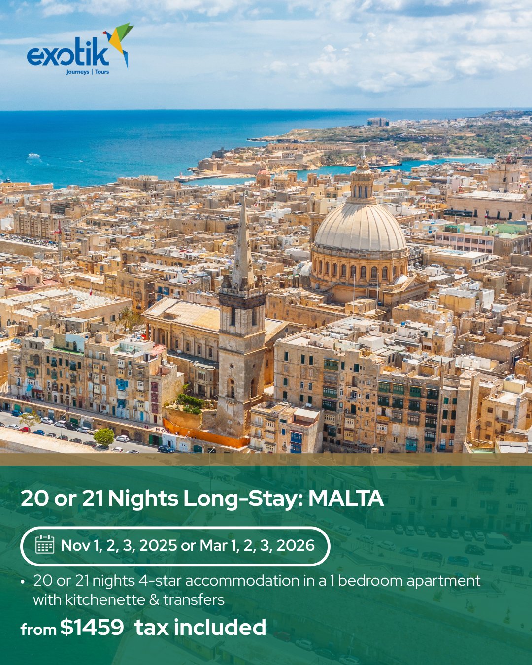 20 or 21-Night Long Stay: Malta