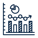 Line and bar graph with pie chart in dark blue