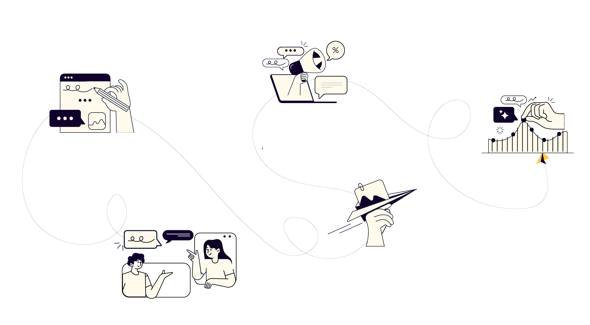 Illustration of people and digital devices engaging in online communication, data analysis, and social media interactions with icons like chat bubbles, graphs, and percentage signs.