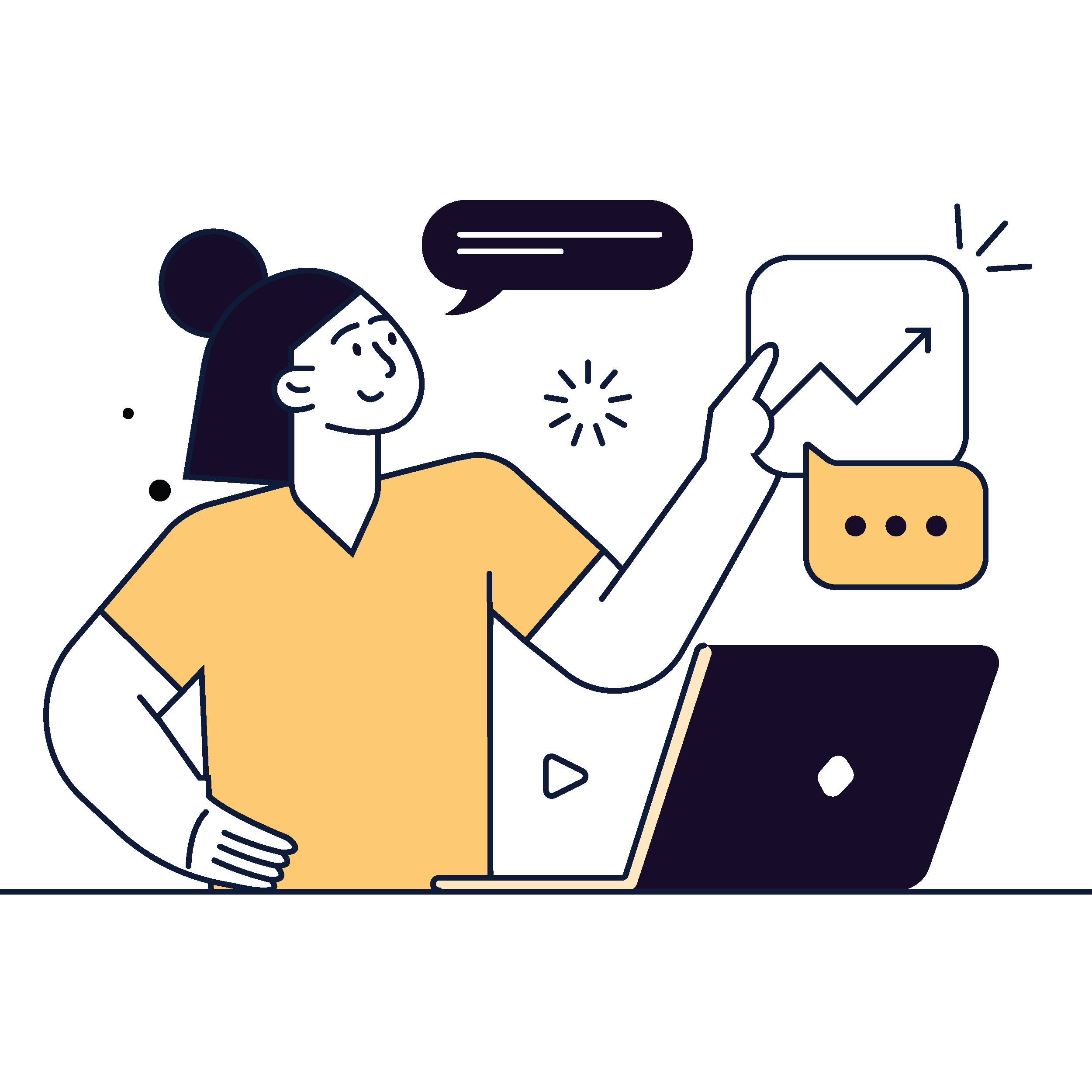 A person with dark hair in a bun, wearing a yellow shirt, is looking at a laptop and engaging in conversation with a doll-like figure holding a smartphone. The scene features speech bubbles, a graph with an upward trend, and icons representing communication and data analysis.