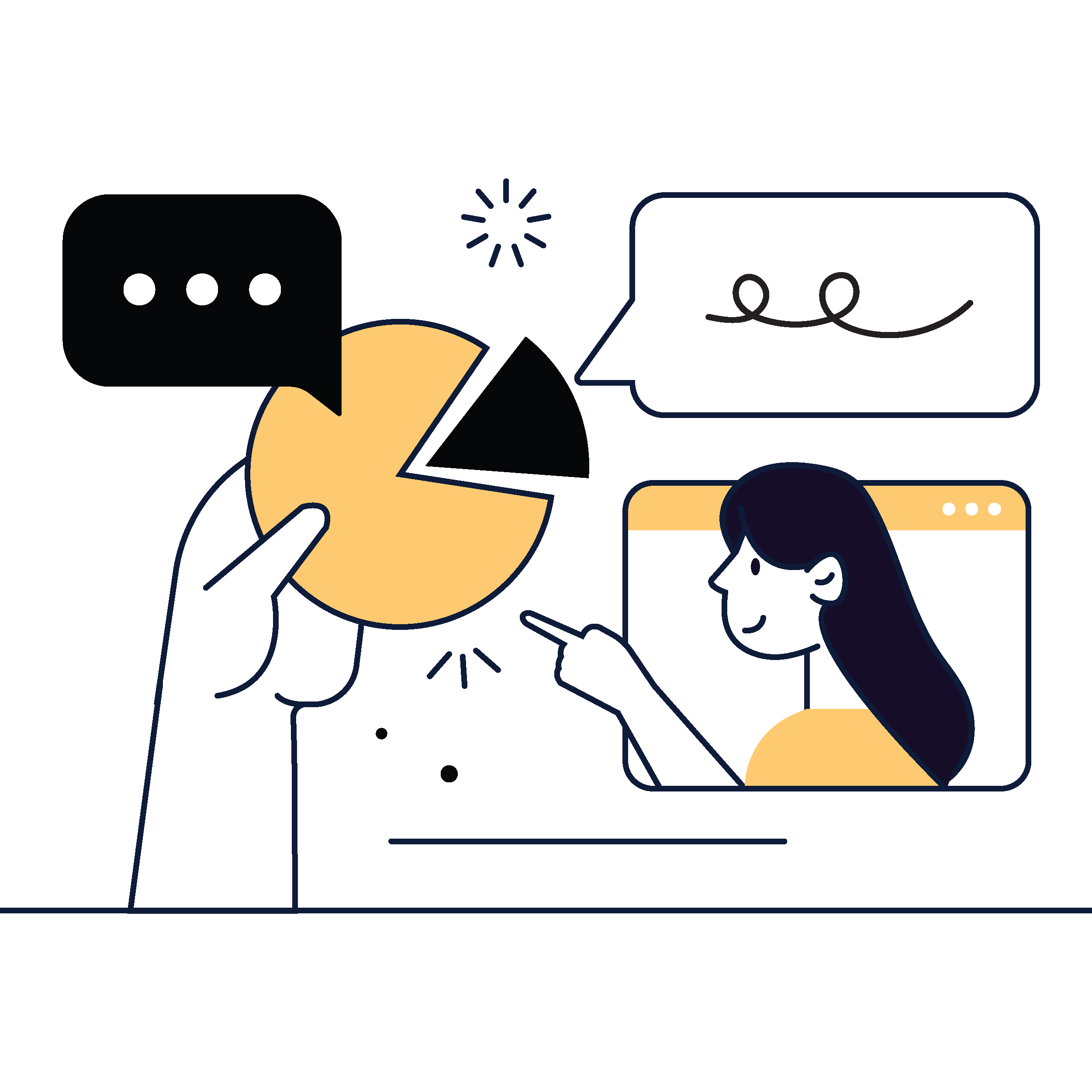 Illustration of three people communicating through messaging apps on their phones, with speech bubbles and icons representing conversation.