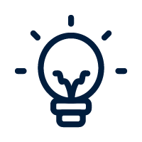 A simple line drawing of a light bulb with a smiling face inside.
