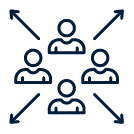 Icon of five people connected with arrows, representing networking or team collaboration