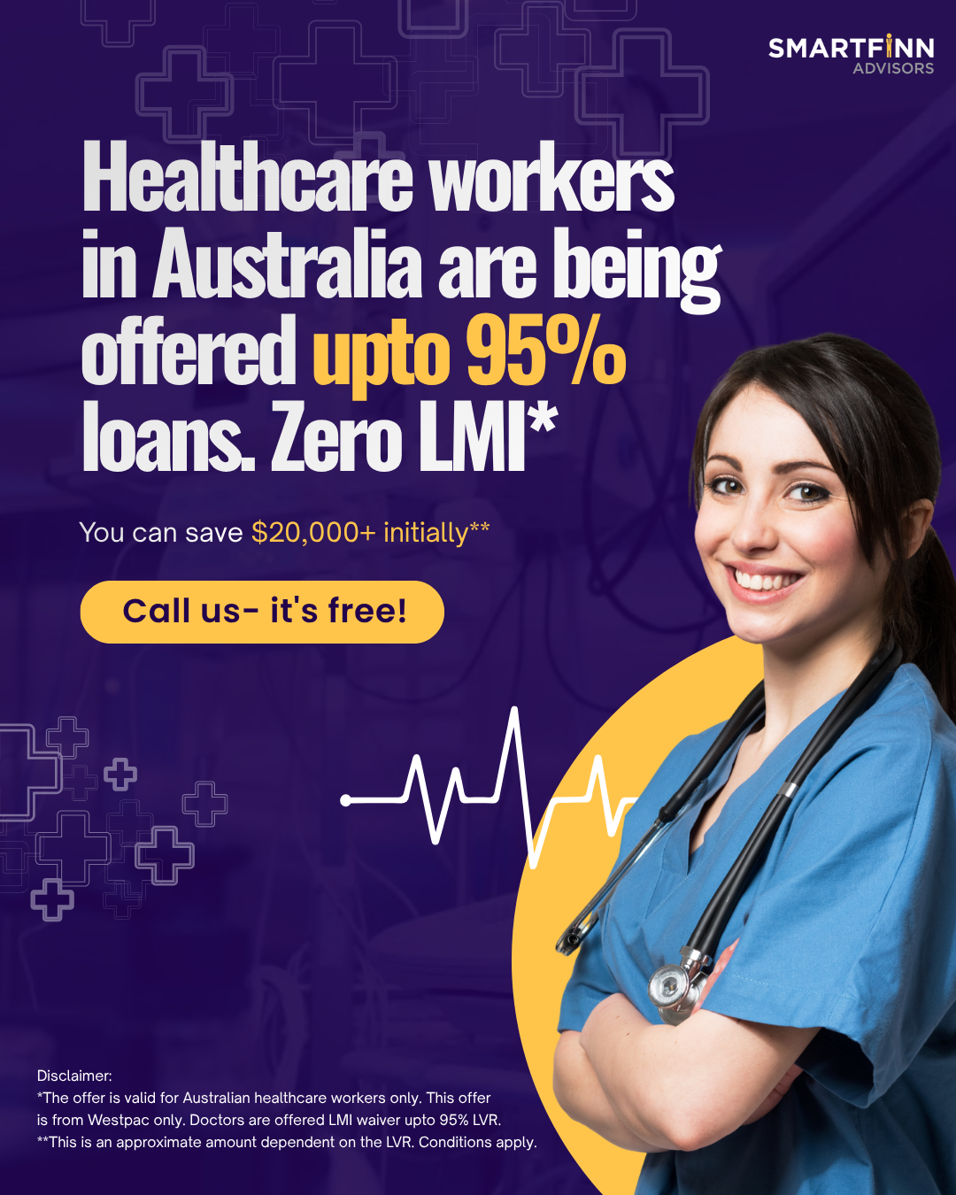 A medical professional with a stethoscope stands smiling on the right side of a promotional advertisement for healthcare loans in Australia, highlighting up to 95% loan offers and savings over $20,000. Background features medical symbols and a heartb