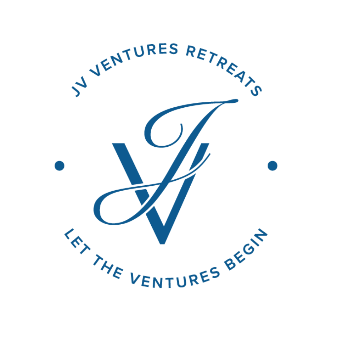Logo for JV Ventures Retreats with the initials JV in a stylized font, circle text reads "JV Ventures Retreats" at the top and "Let the Ventures Begin" at the bottom.