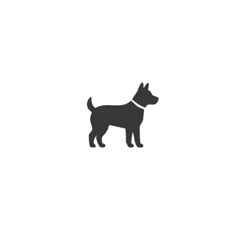 Gray silhouette of a dog facing right, wearing a collar, with a black background.