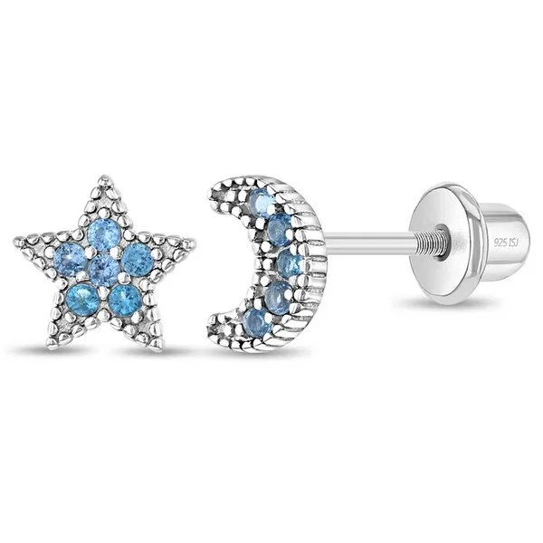 Sterling Silver Blue CZ Star & Moon Children's Earrings