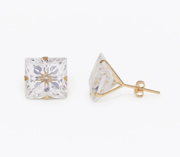 14K Gold 10mm Invisible Cut CZ Stud Earrings