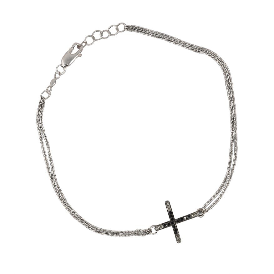 Sterling Silver Black Diamond Double Chain Cross Bracelet