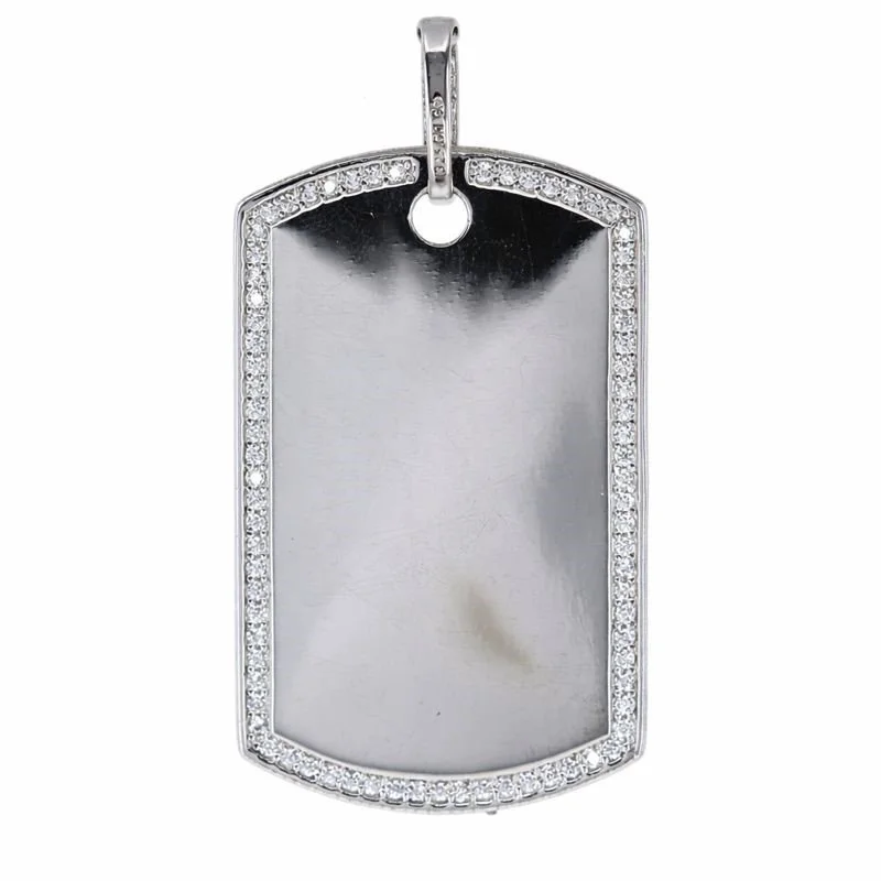 Rhodium Plated CZ Engravable Dog Tag Pendant